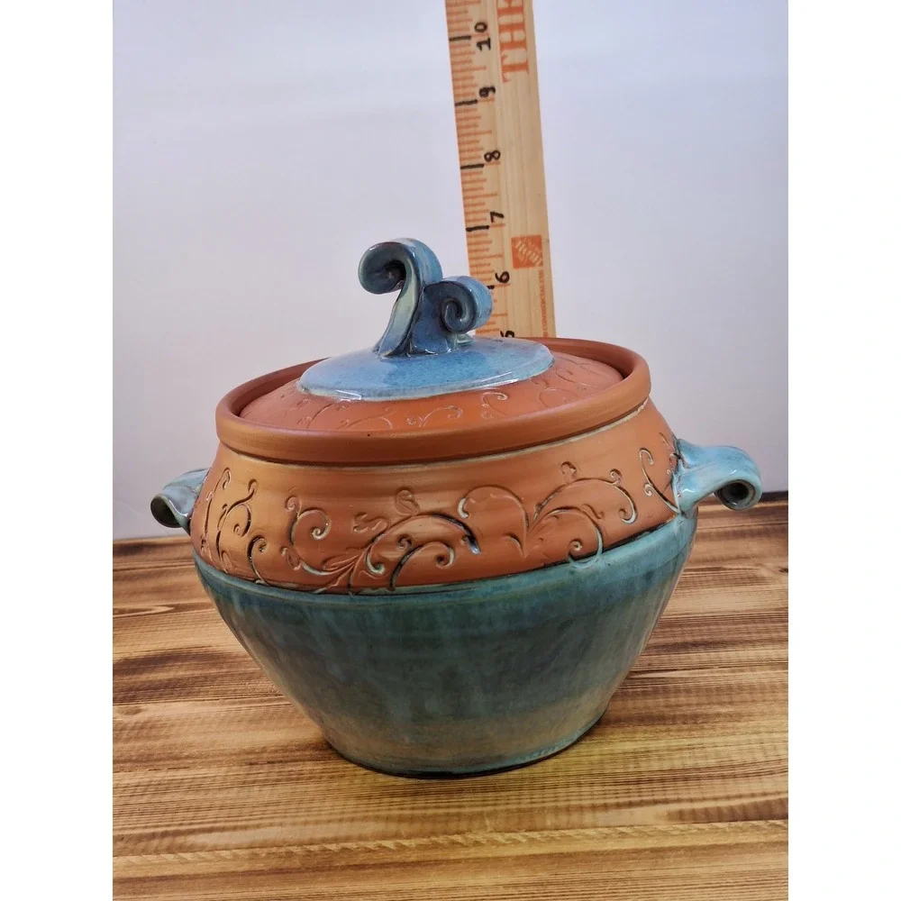Wendy Summers Pottery Red Clay Bean Crock Pot Artisan Floral Blue Drip Glaze 5x6